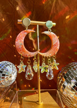 Load image into Gallery viewer, Peach Quartz Moon Earrings With Sun-catching Prisms