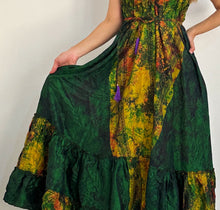 Load image into Gallery viewer, Hand Dyed Silk Dress | Deep Greens, Yellows and Oranges | Made From Up-cycled Silk Indian Saree | SS4
