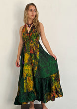 Load image into Gallery viewer, Hand Dyed Silk Dress | Deep Greens, Yellows and Oranges | Made From Up-cycled Silk Indian Saree | SS4