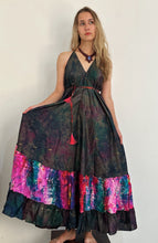 Load image into Gallery viewer, Hand Dyed Silk Dress With Tribal Embroidery and a Pop of Color | Made From Up-cycled Silk Indian Saree | SS1