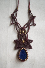 Load image into Gallery viewer, Burgundy Knotted Necklace with Brass Beads and Lapis Stone