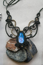 Load image into Gallery viewer, Charcoal Knotted Necklace with Intricate Beadwork and Labradorite Stone