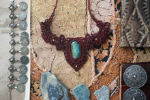 Load image into Gallery viewer, Burgundy Knotted Necklace with Oval Labradorite Stone