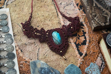Load image into Gallery viewer, Burgundy Knotted Necklace with Oval Labradorite Stone