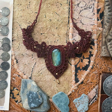 Load image into Gallery viewer, Burgundy Knotted Necklace with Oval Labradorite Stone