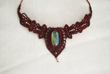 Load image into Gallery viewer, Burgundy Knotted Necklace with Oval Labradorite Stone
