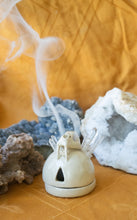 Load image into Gallery viewer, Mini Saber Tooth Tiger Skull Incense Burner with Glass Crystals
