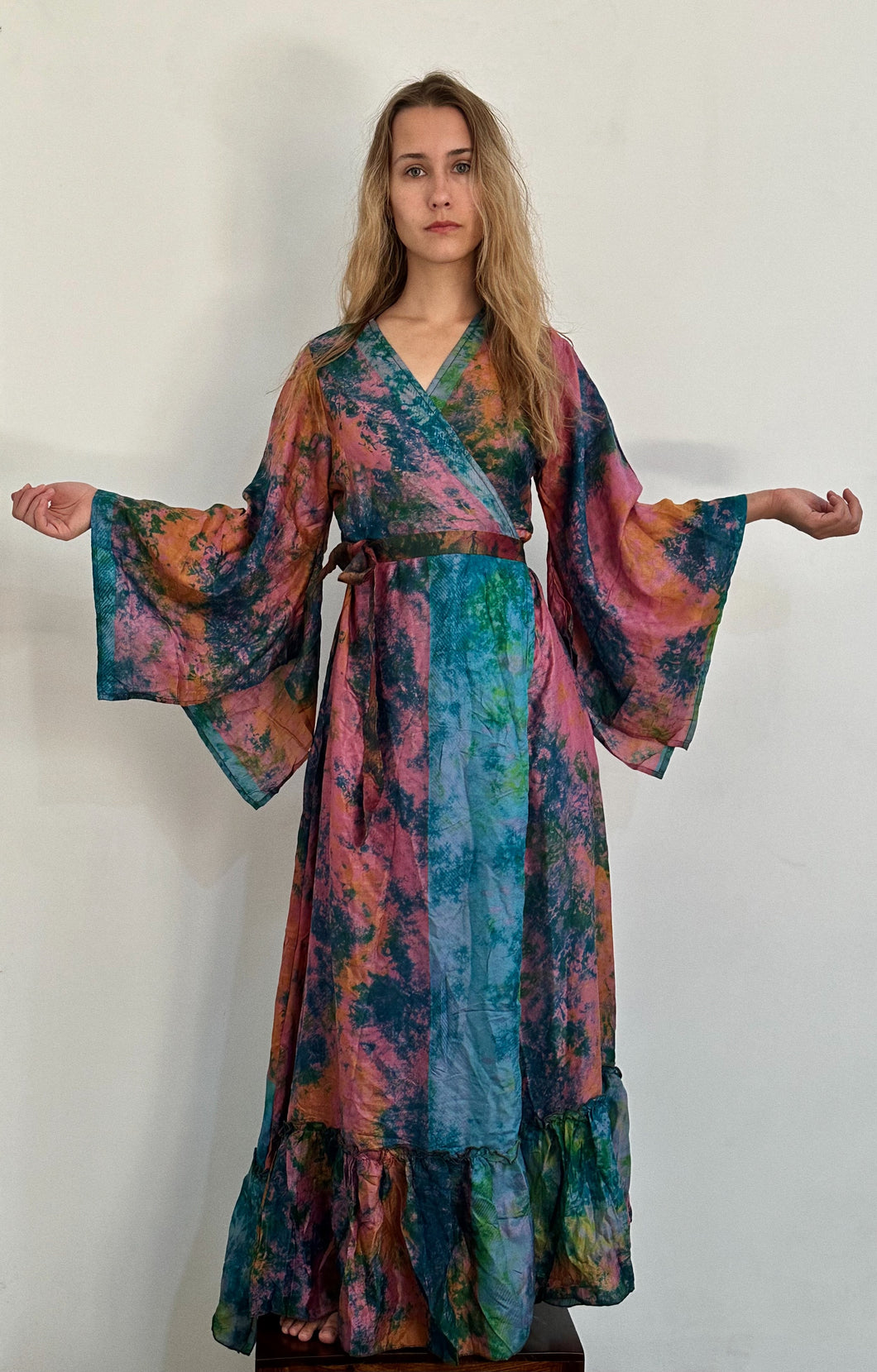 Butterfly Sleeve Wrap Dress | Pink, Blue, Teal and Sherbet Tones | Hand Dyed Silk Dress from India | BD2