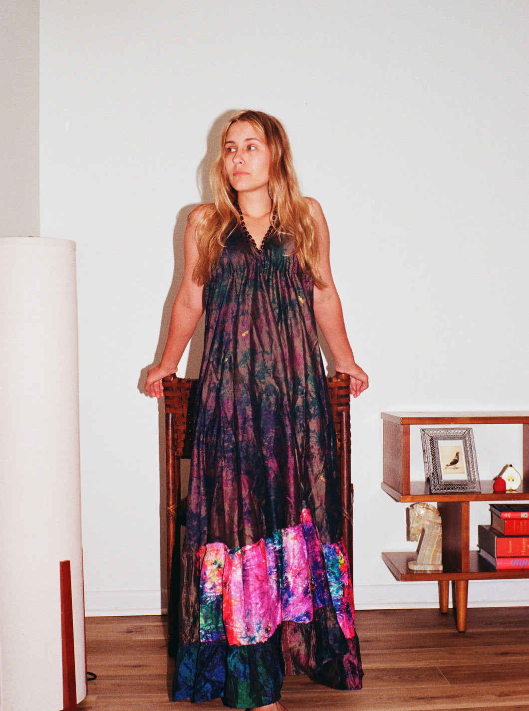 Hand Dyed Silk Dress With Tribal Embroidery and a Pop of Color | Made From Up-cycled Silk Indian Saree | SS1