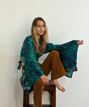 Load image into Gallery viewer, Blue and Teal Silk Wrap Dress Covered in Intricate Embroidery | Made From Up-cycled Silk Sarees from India | WS2
