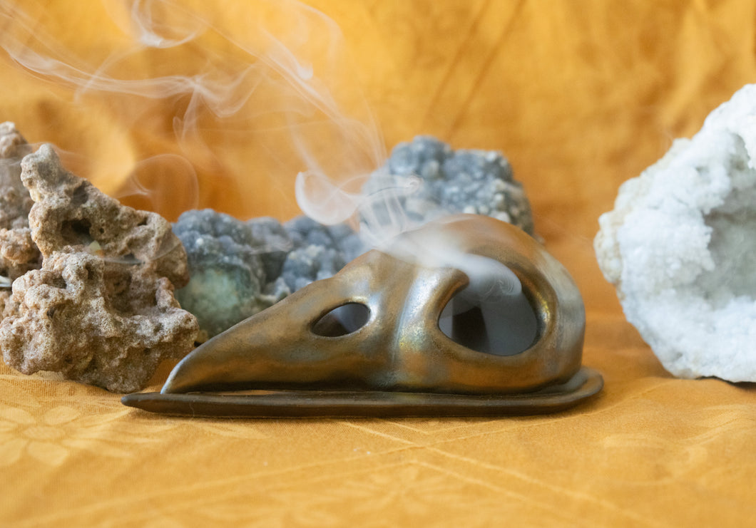 Bird Skull Incense Burner with Golden Matte Glaze