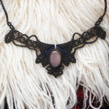 Load image into Gallery viewer, Mocha Knotted Necklace with Blue Accents and Clear Quartz Stone
