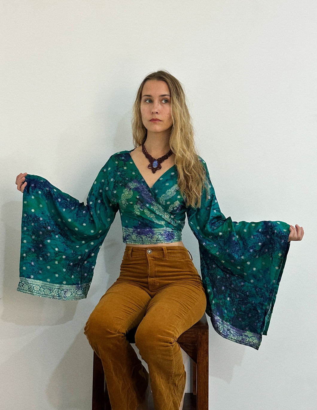 Blue and Teal Silk Wrap Dress Covered in Intricate Embroidery | Made From Up-cycled Silk Sarees from India | WS2